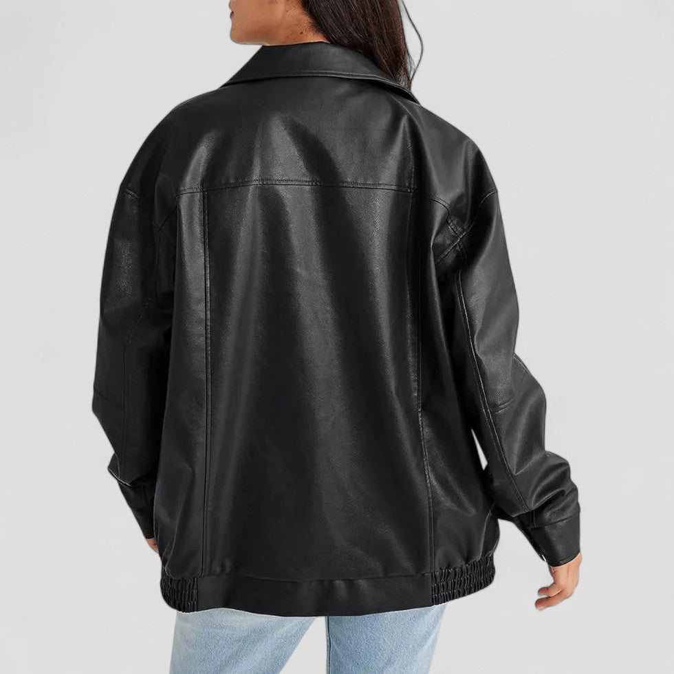 Oversized Faux Leather Zip Up Bomber Jacket for Women