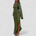 One Shoulder Long Sleeve Split Maxi Dress for Women