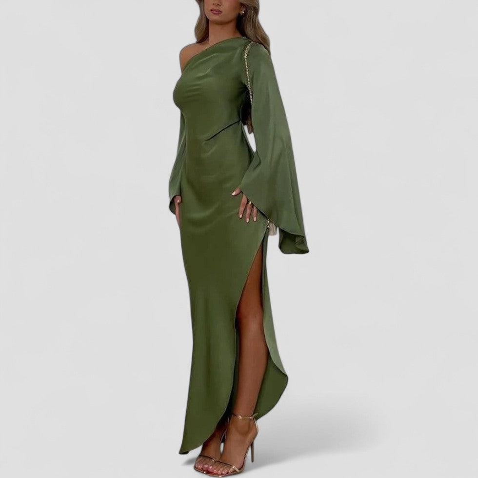 One Shoulder Long Sleeve Split Maxi Dress for Women