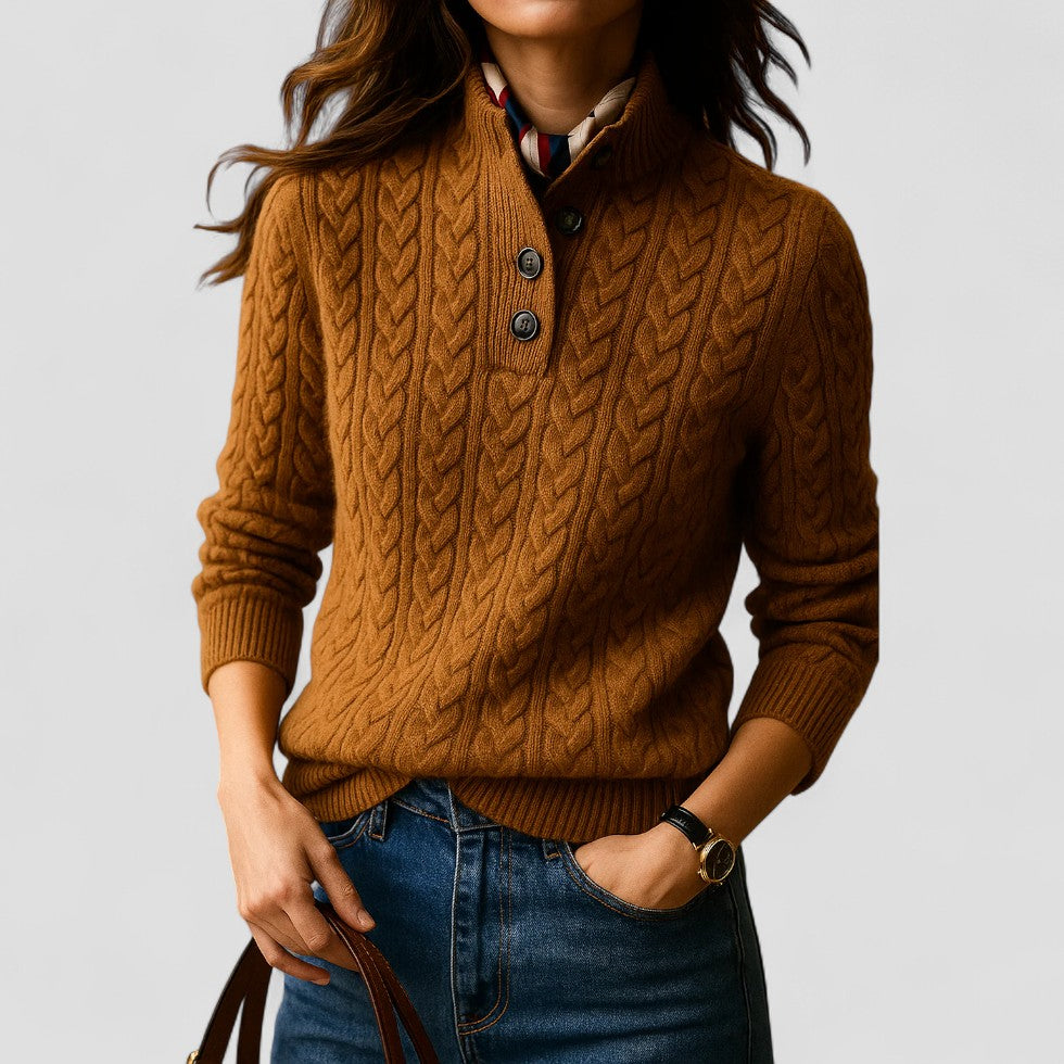 Cable Knit Cashmere Blend Pullover with Button Collar