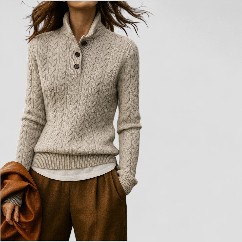 Cable Knit Cashmere Blend Pullover with Button Collar