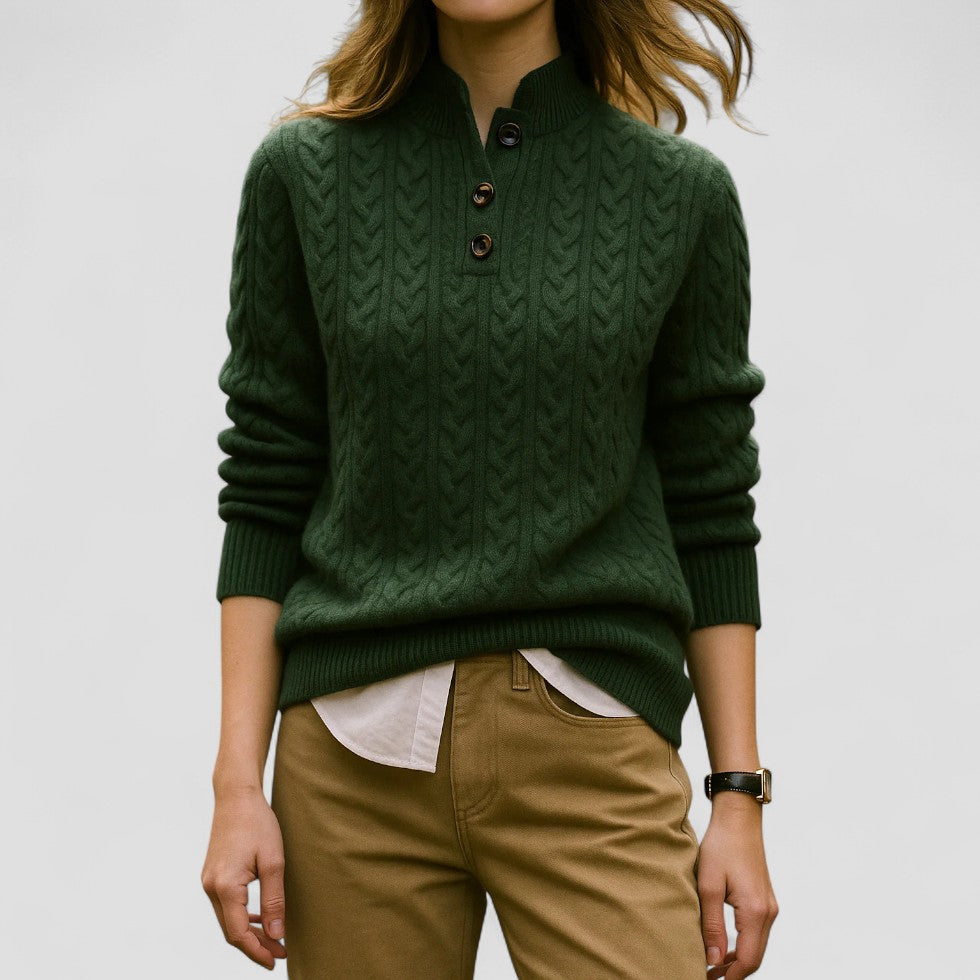 Cable Knit Cashmere Blend Pullover with Button Collar