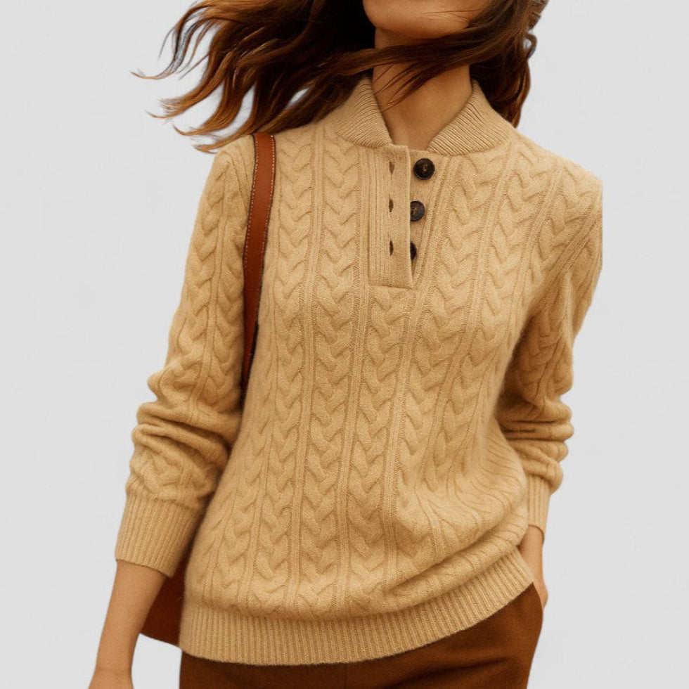 Cable Knit Cashmere Blend Pullover with Button Collar