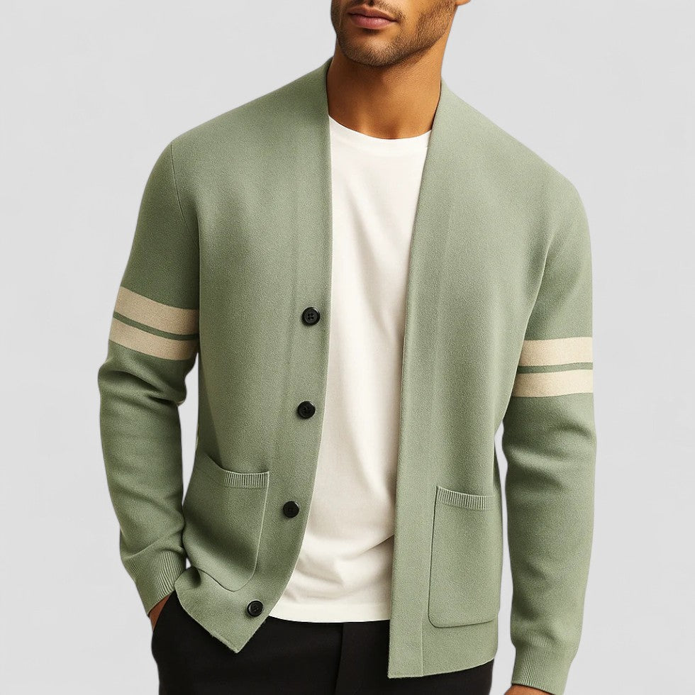 Button Up Knit Cardigan with Striped Sleeve Detail for Men