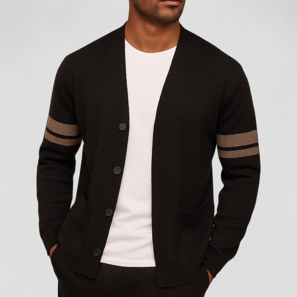 Button Up Knit Cardigan with Striped Sleeve Detail for Men
