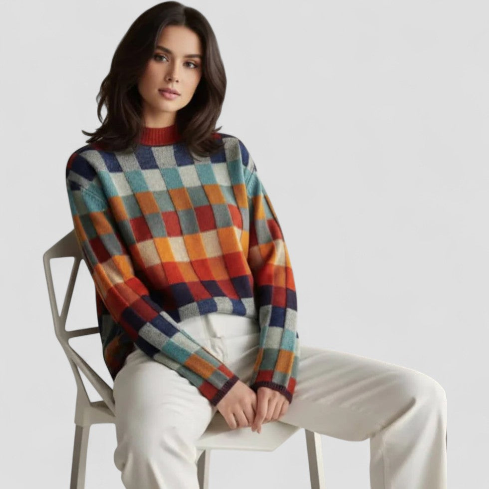 Checkered Knit Crewneck Pullover Sweater for Women