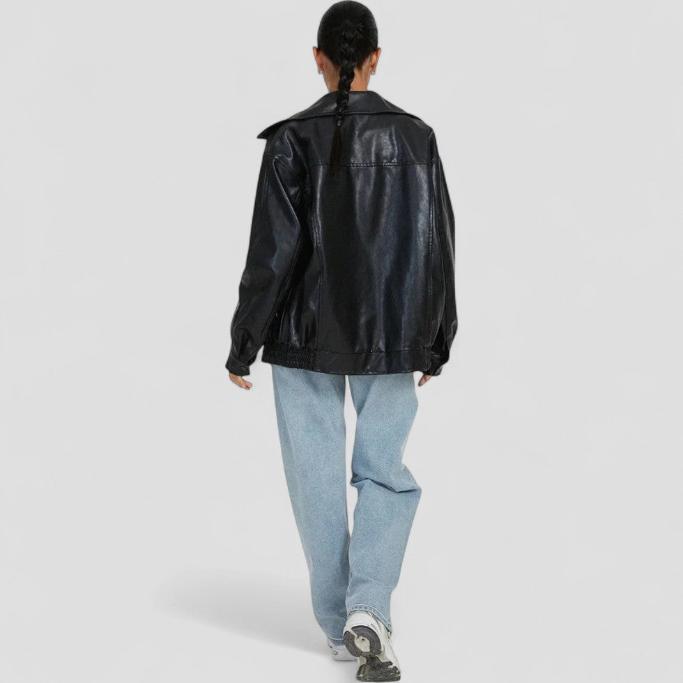 Oversized Faux Leather Zip Up Bomber Jacket for Women