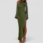 One Shoulder Long Sleeve Split Maxi Dress for Women
