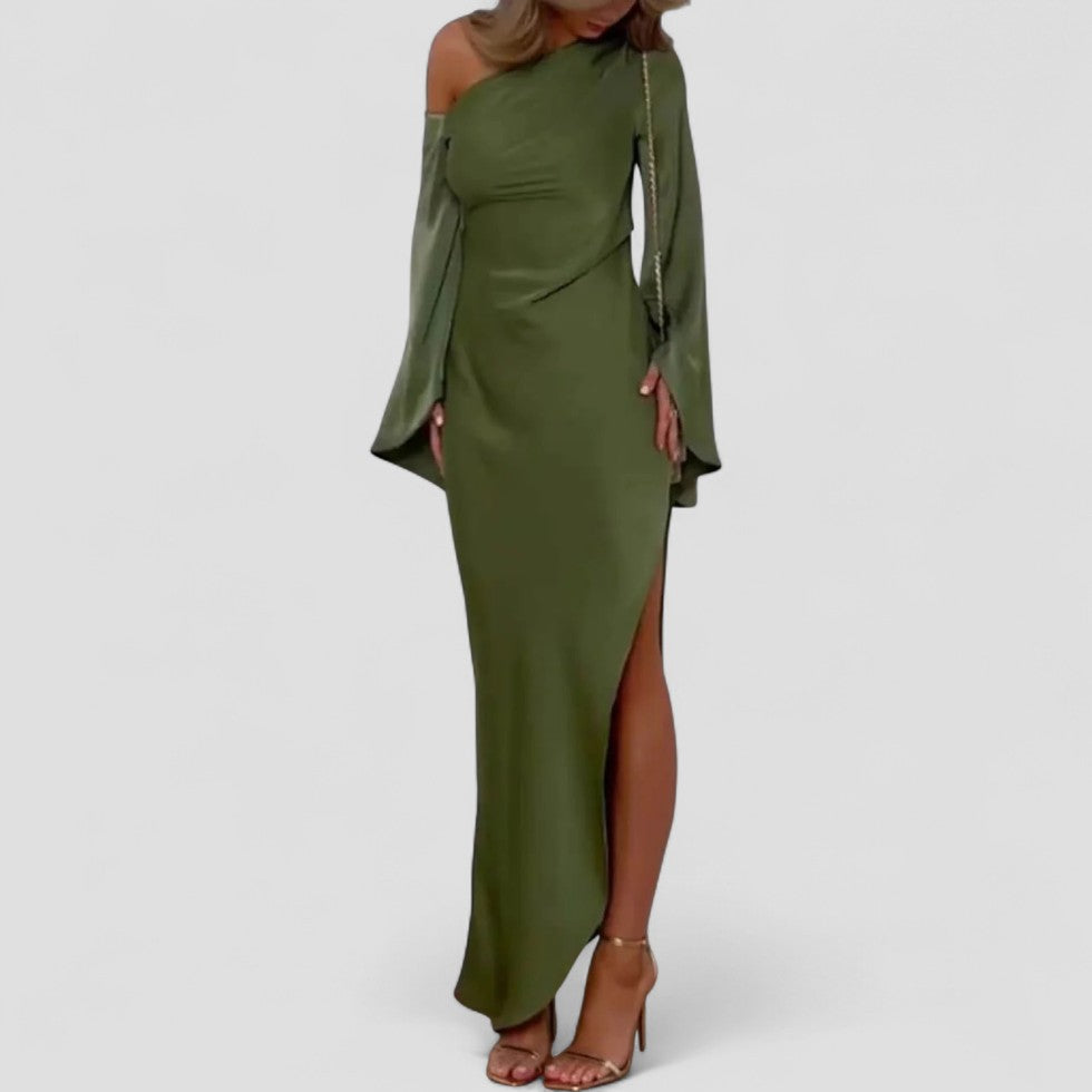 One Shoulder Long Sleeve Split Maxi Dress for Women