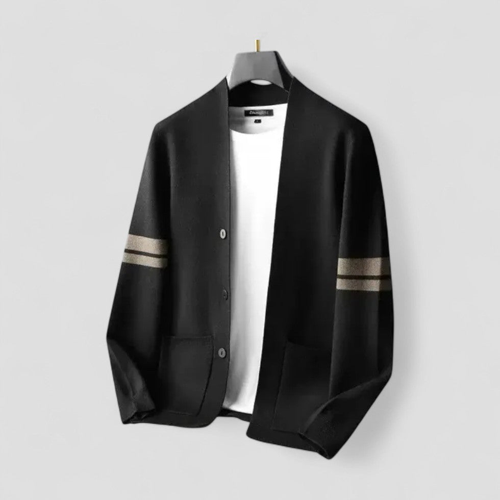 Button Up Knit Cardigan with Striped Sleeve Detail for Men
