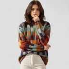 Checkered Knit Crewneck Pullover Sweater for Women
