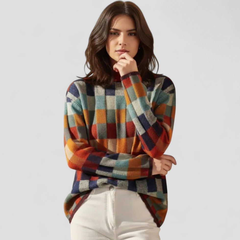Checkered Knit Crewneck Pullover Sweater for Women