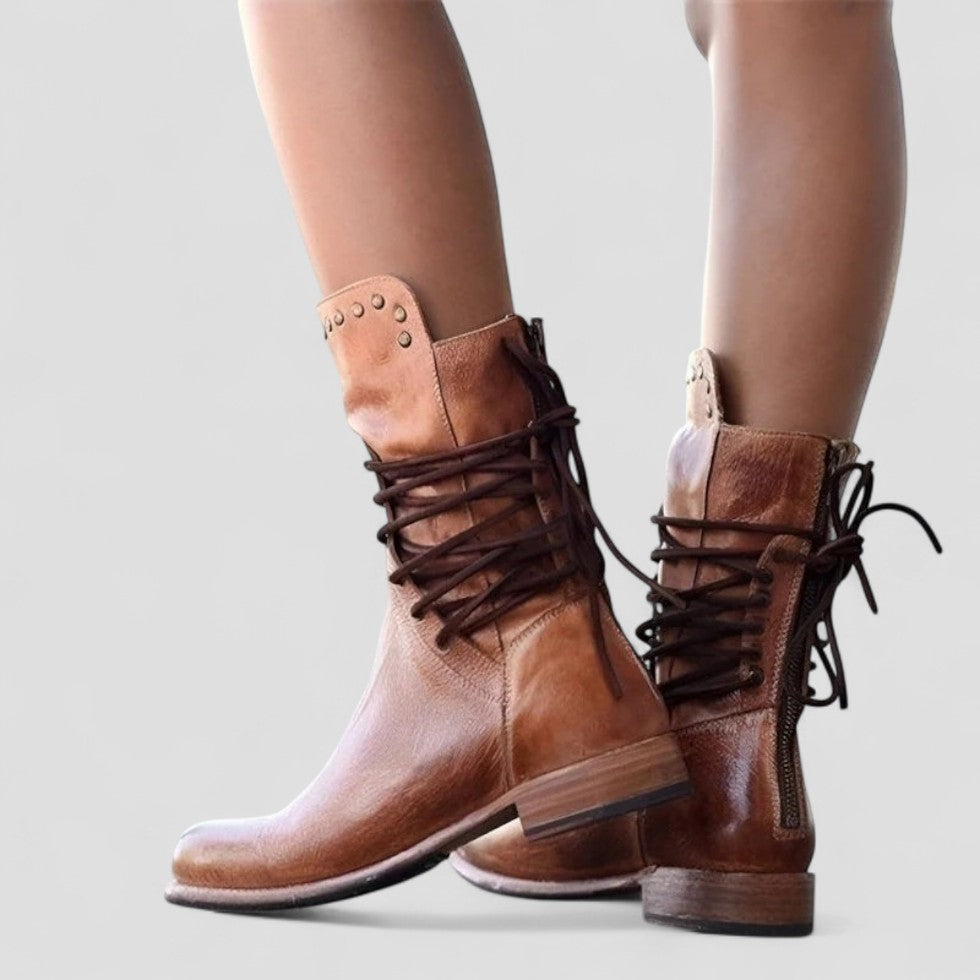 Studded Lace Up Leather Ankle Boots