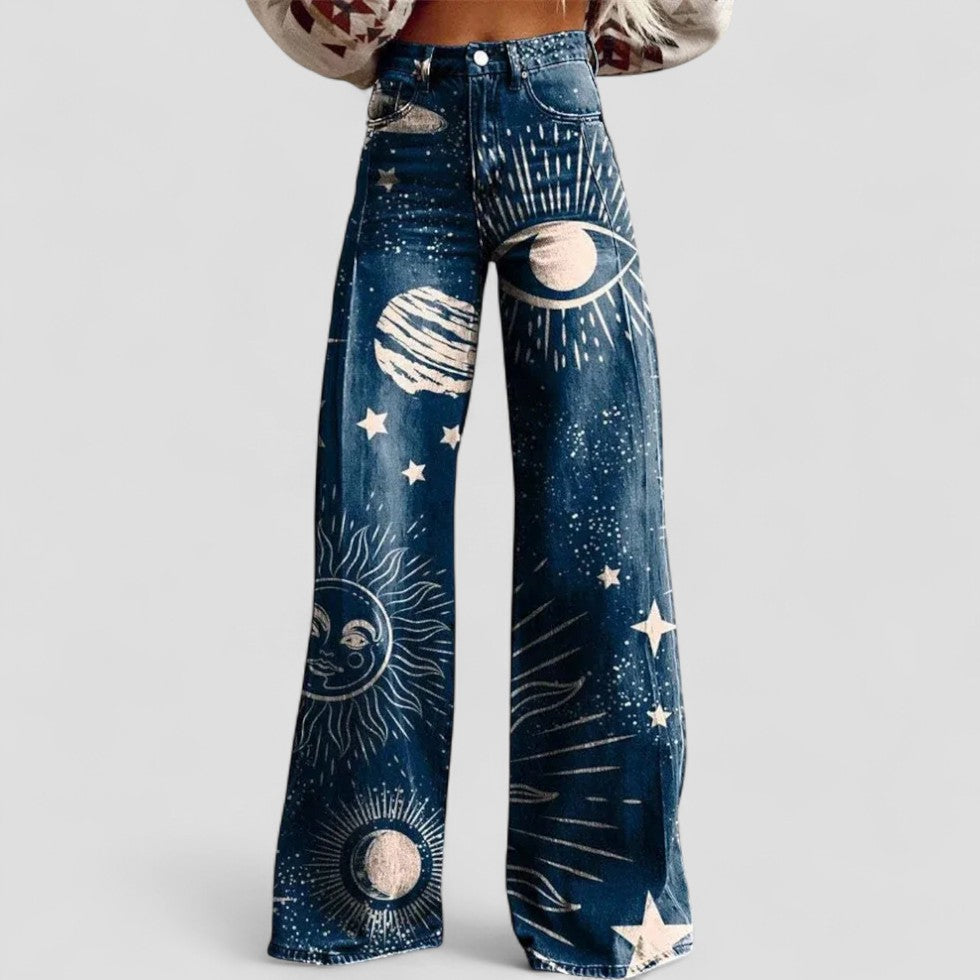 Celestial Print High Waist Wide Leg Jeans for Women