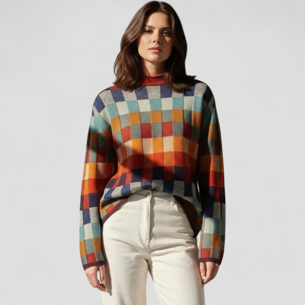 Checkered Knit Crewneck Pullover Sweater for Women