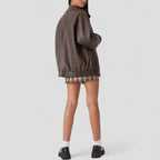Oversized Faux Leather Zip Up Bomber Jacket for Women
