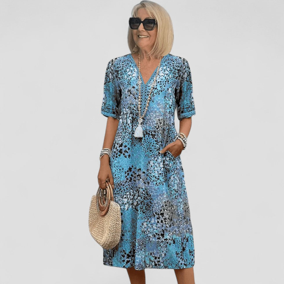 Floral Print V Neck Short Sleeve Midi Dress for Women