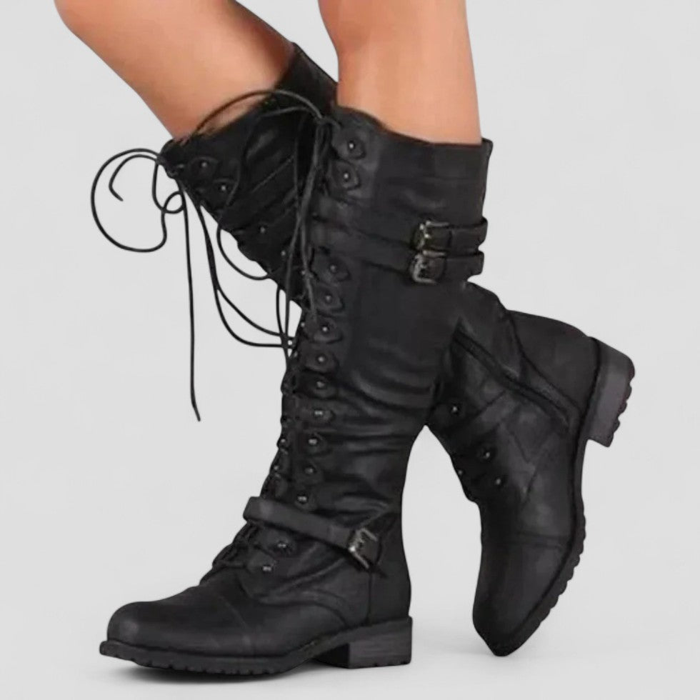 Lace Up Buckle Knee High Boots
