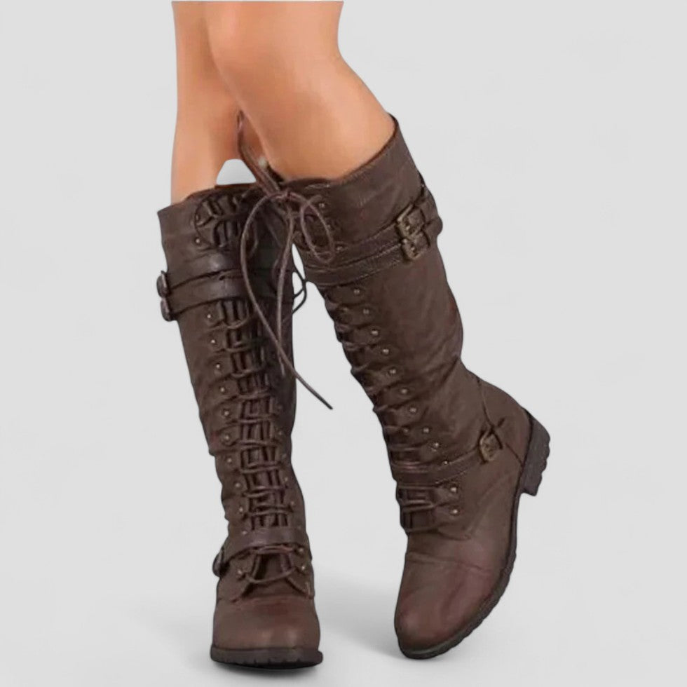 Lace Up Buckle Knee High Boots