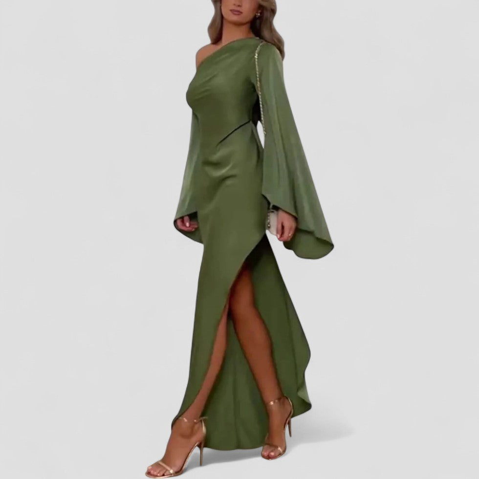One Shoulder Long Sleeve Split Maxi Dress for Women
