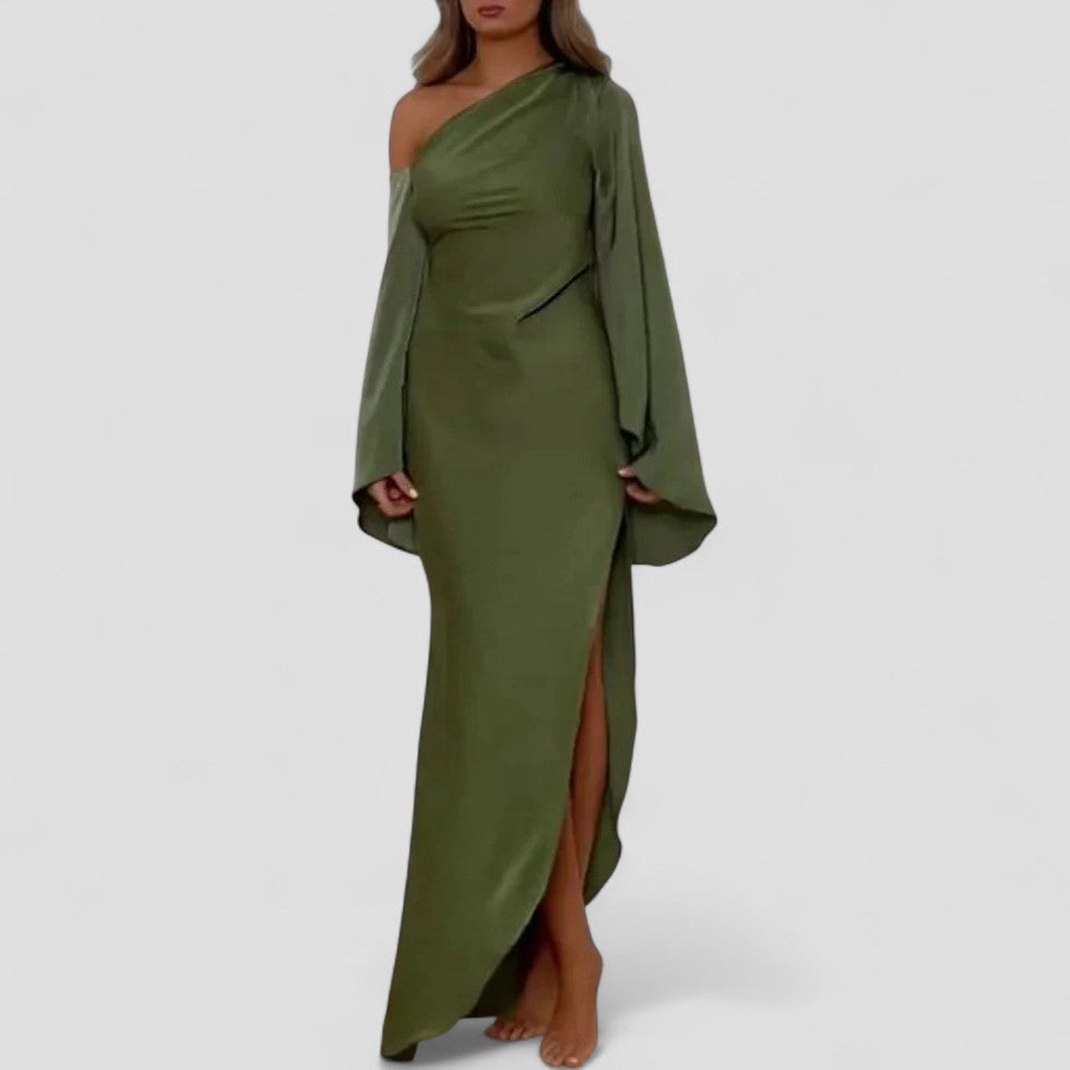 One Shoulder Long Sleeve Split Maxi Dress for Women