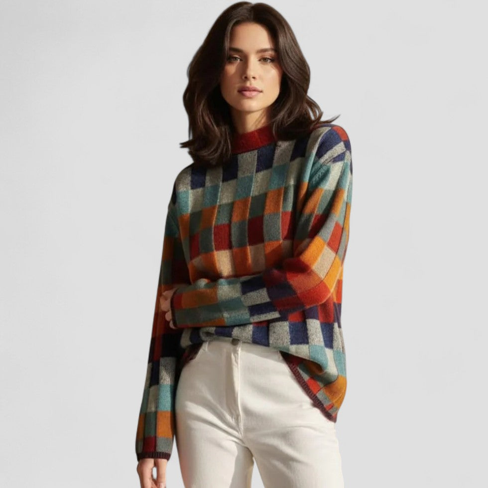Checkered Knit Crewneck Pullover Sweater for Women