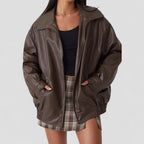 Oversized Faux Leather Zip Up Bomber Jacket for Women