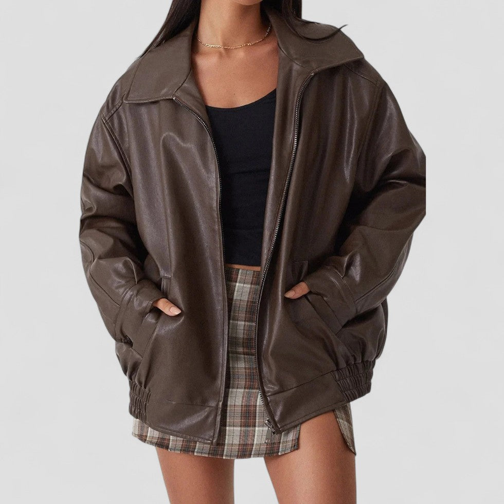 Oversized Faux Leather Zip Up Bomber Jacket for Women