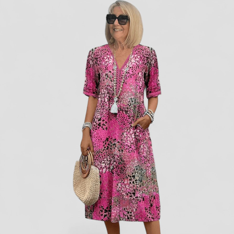 Floral Print V Neck Short Sleeve Midi Dress for Women