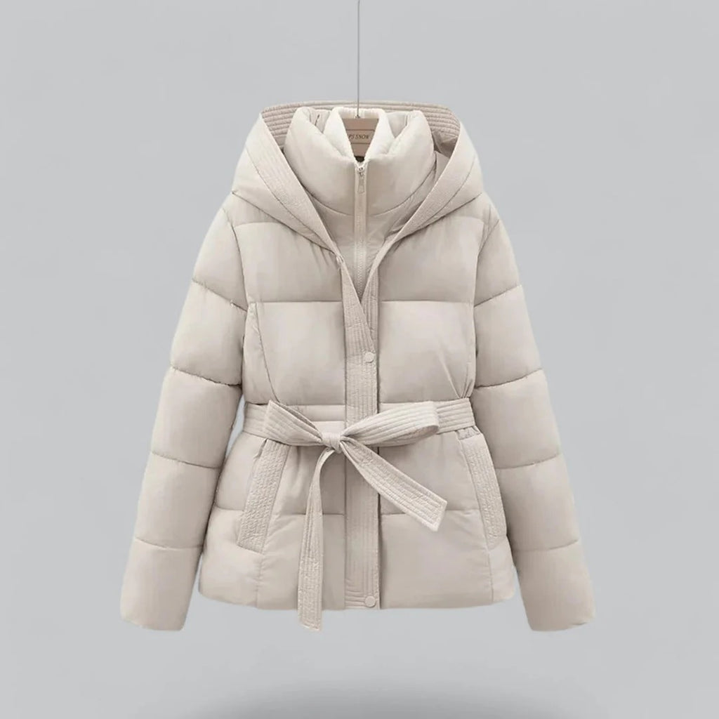 Women’s Belted Puffer Jacket with Hood for Winter Warmth