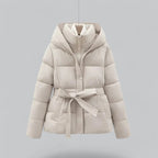 Women’s Belted Puffer Jacket with Hood for Winter Warmth