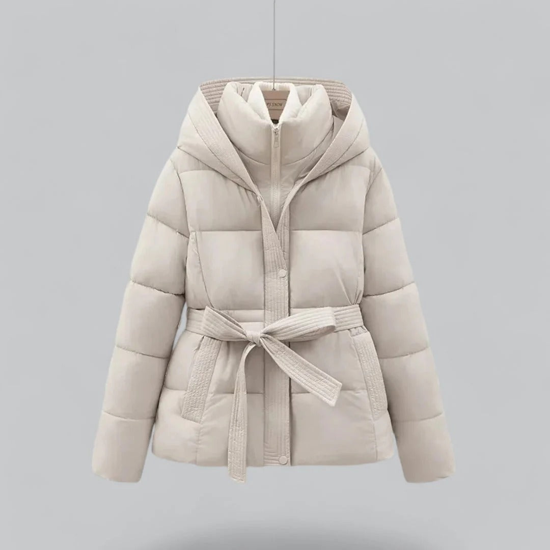 Women’s Belted Puffer Jacket with Hood for Winter Warmth