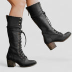 Lace Up Block Heel Knee High Boots