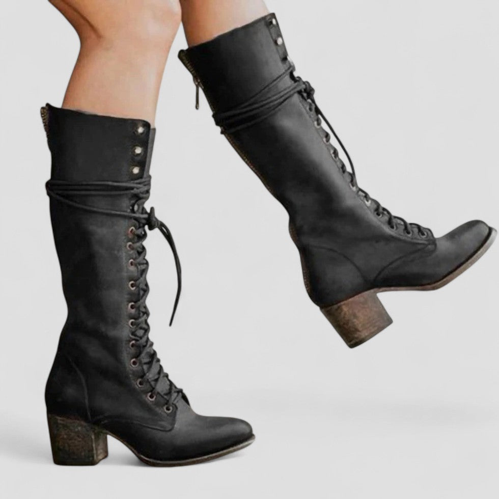 Lace Up Block Heel Knee High Boots