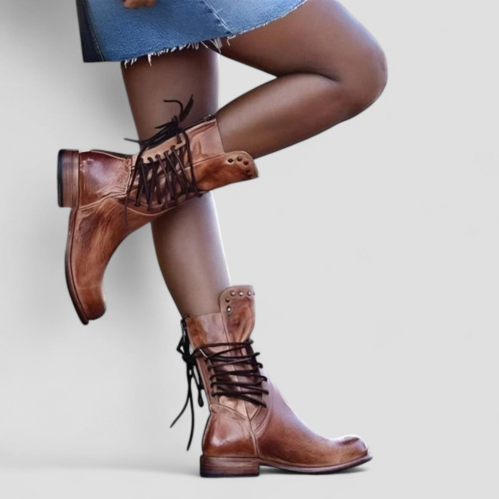 Studded Lace Up Leather Ankle Boots