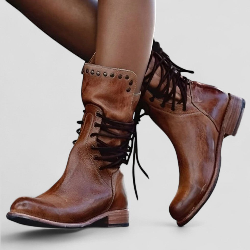 Studded Lace Up Leather Ankle Boots