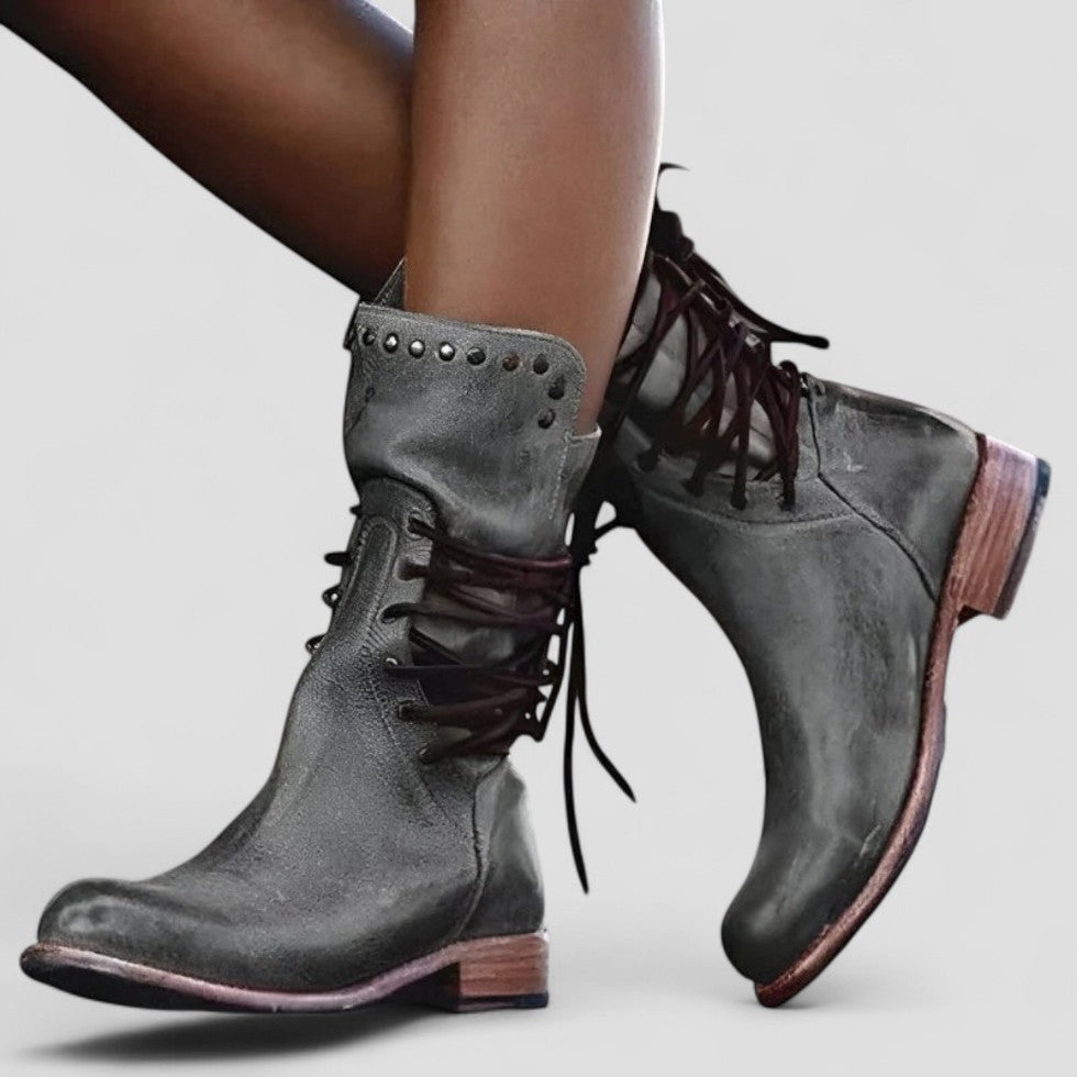 Studded Lace Up Leather Ankle Boots