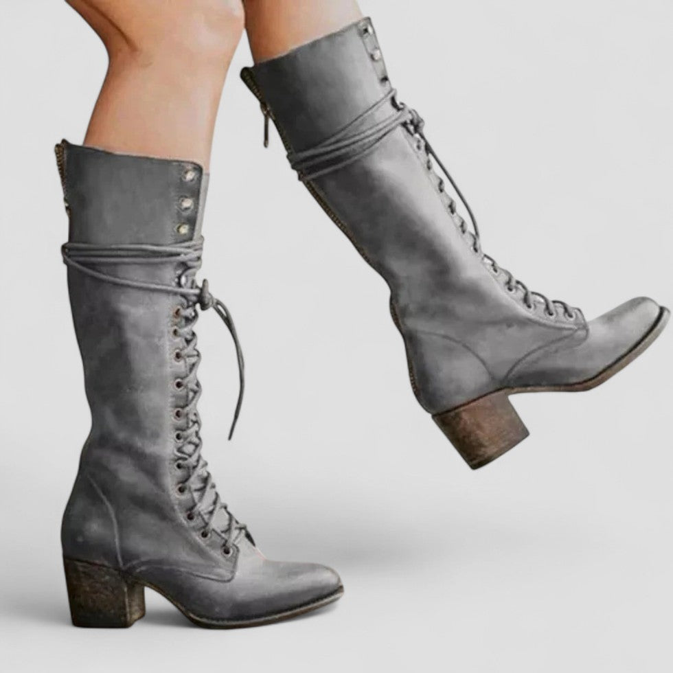 Lace Up Block Heel Knee High Boots