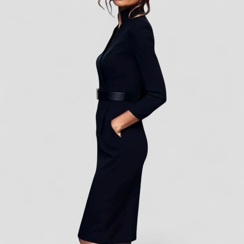 V Neck Belted Pencil Midi Dress with Three Quarter Sleeves