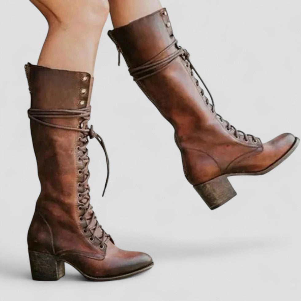 Lace Up Block Heel Knee High Boots
