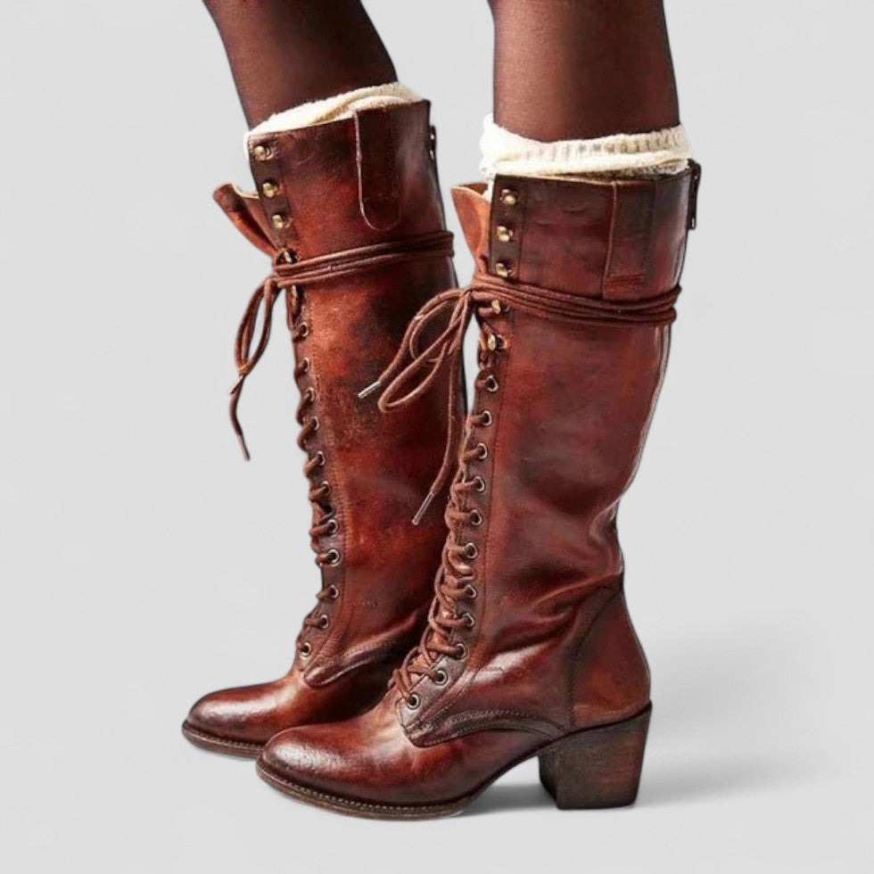 Lace Up Block Heel Knee High Boots