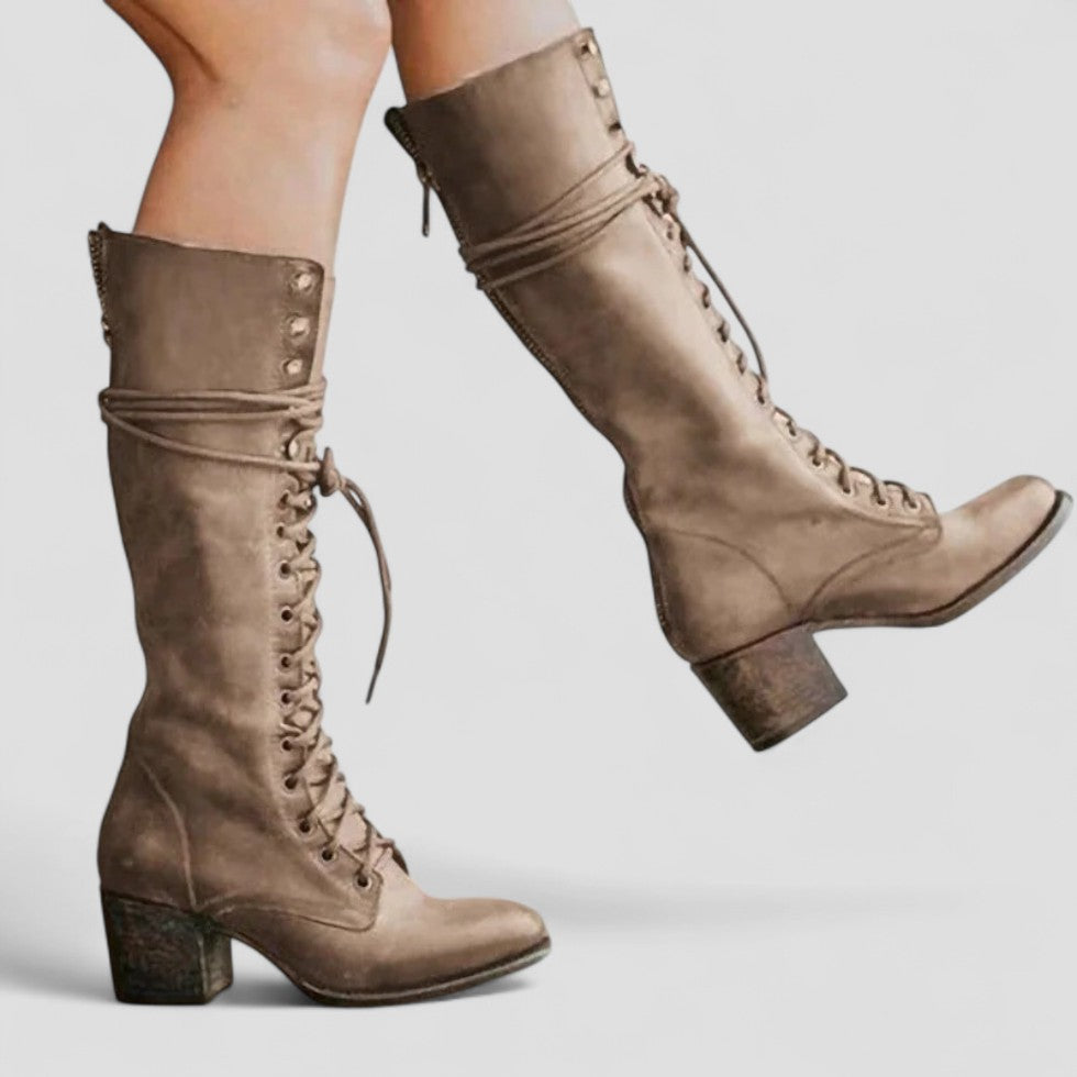 Lace Up Block Heel Knee High Boots