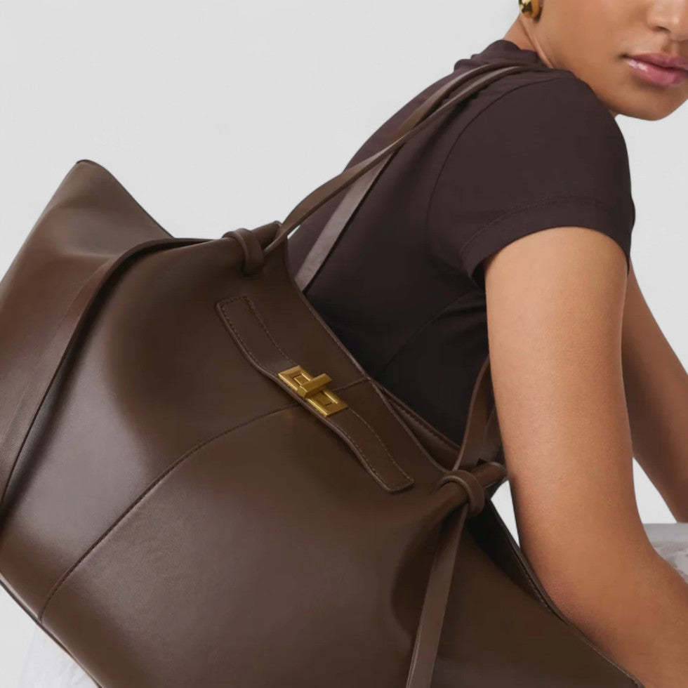 Large Tote Bag Made of Imitation Leather with Elegant Twist Clasp