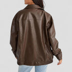 Oversized Faux Leather Zip Up Bomber Jacket for Women
