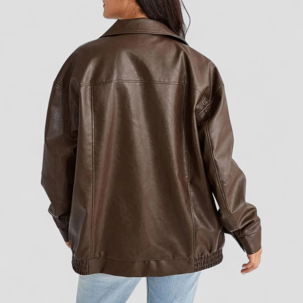 Oversized Faux Leather Zip Up Bomber Jacket for Women