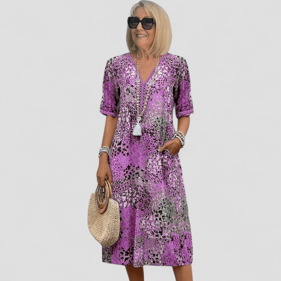 Floral Print V Neck Short Sleeve Midi Dress for Women