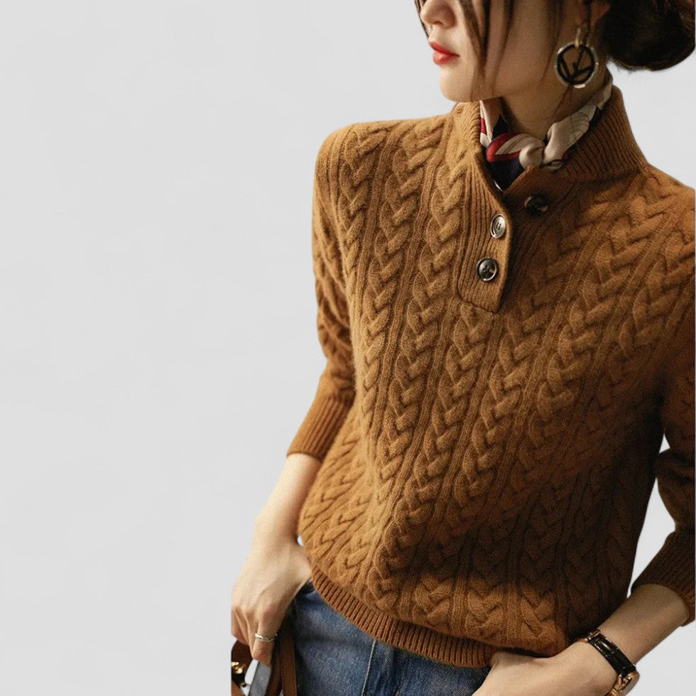 Cable Knit Cashmere Blend Pullover with Button Collar